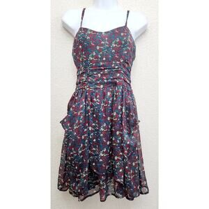 Willow & Clay Gray Red Blue Floral Print Pleated Mini Dress Small Flowy Pockets